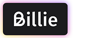 Schwarzes Marketing-Abzeichen mit dem Text 'Billie' in weißer Kursivschrift.