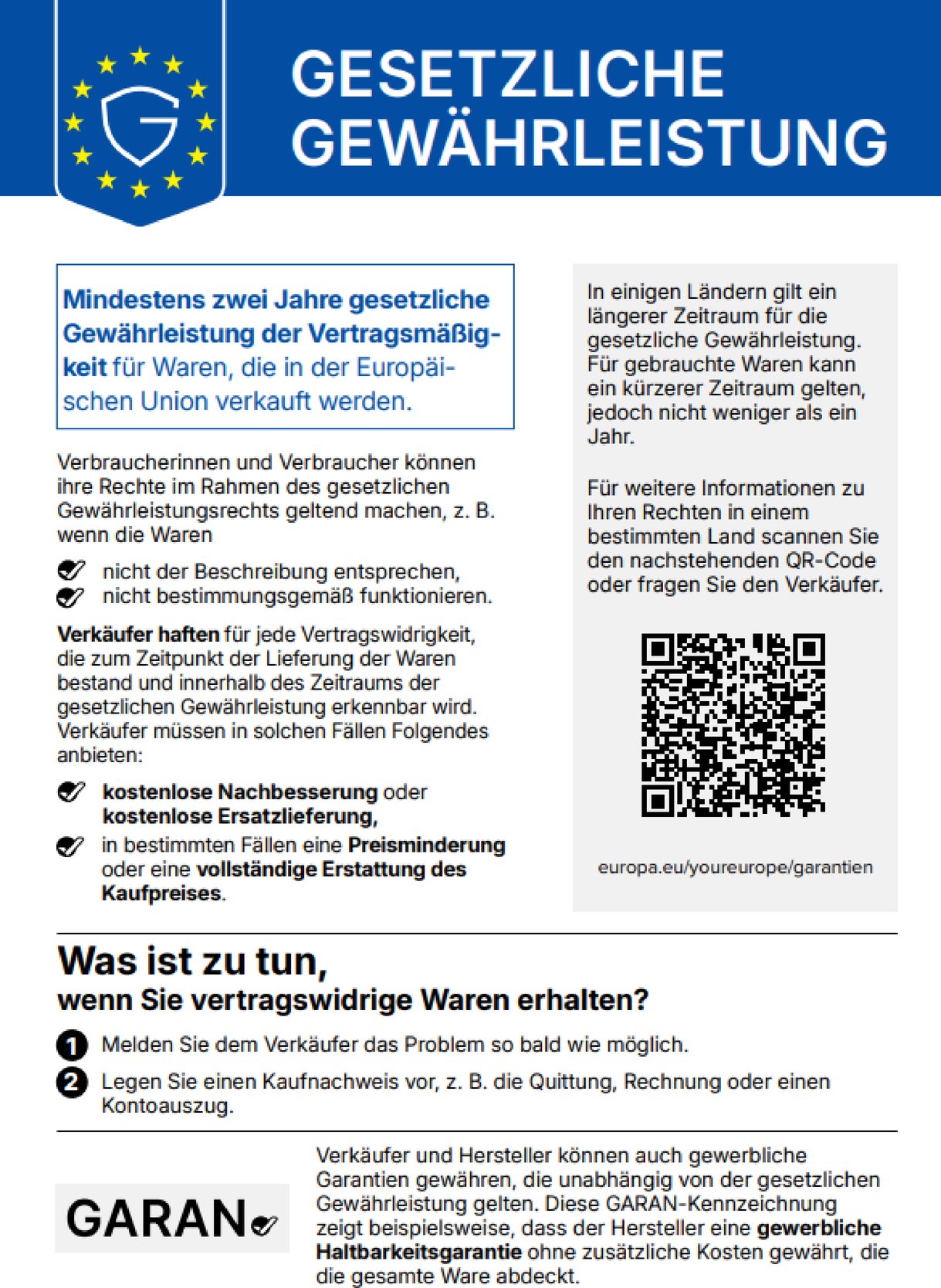 Gewährleistungslabel mit Informationen zu den gesetzlichen Gewährleistungsrechten für Verbraucher